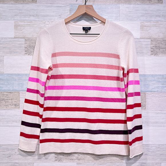 Talbots Pure 100% Cashmere Sweater Cream Stripe Crewneck Womens Small Petite SP - Picture 1 of 7